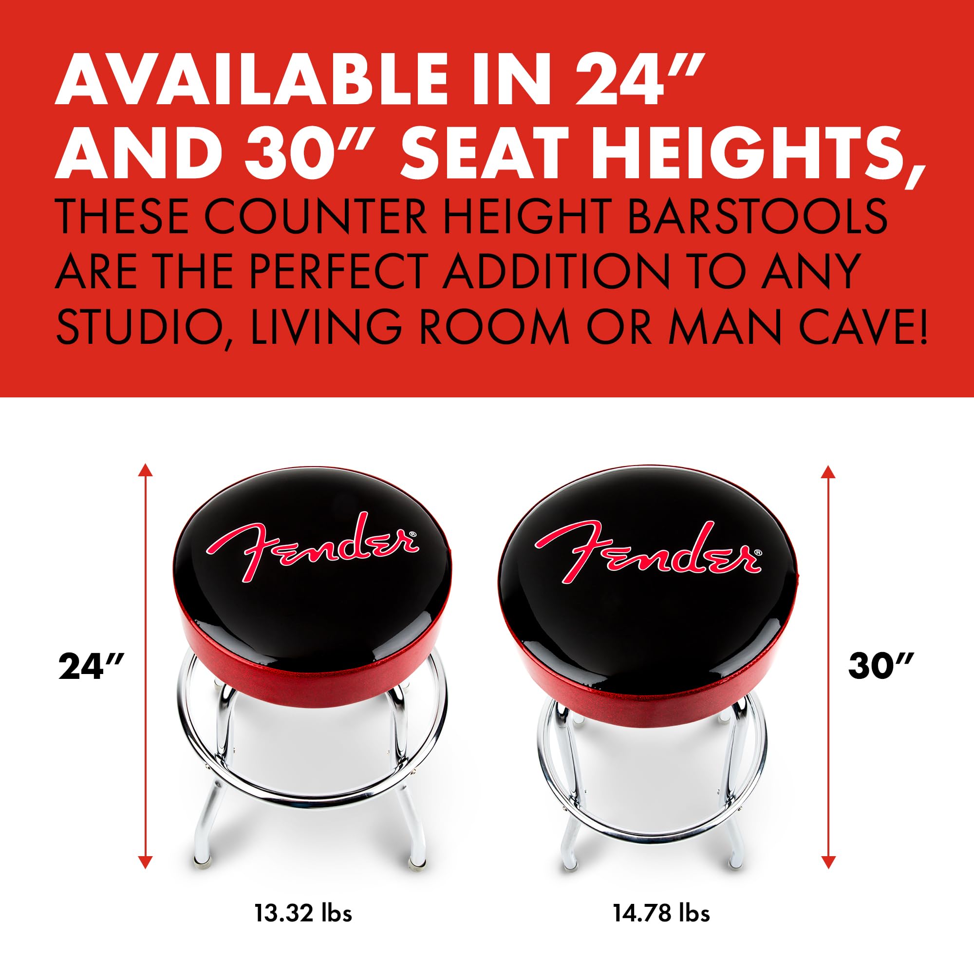 Fender Red Sparkle Logo Barstool, Padded Swivel Guitar Stool, 30 In