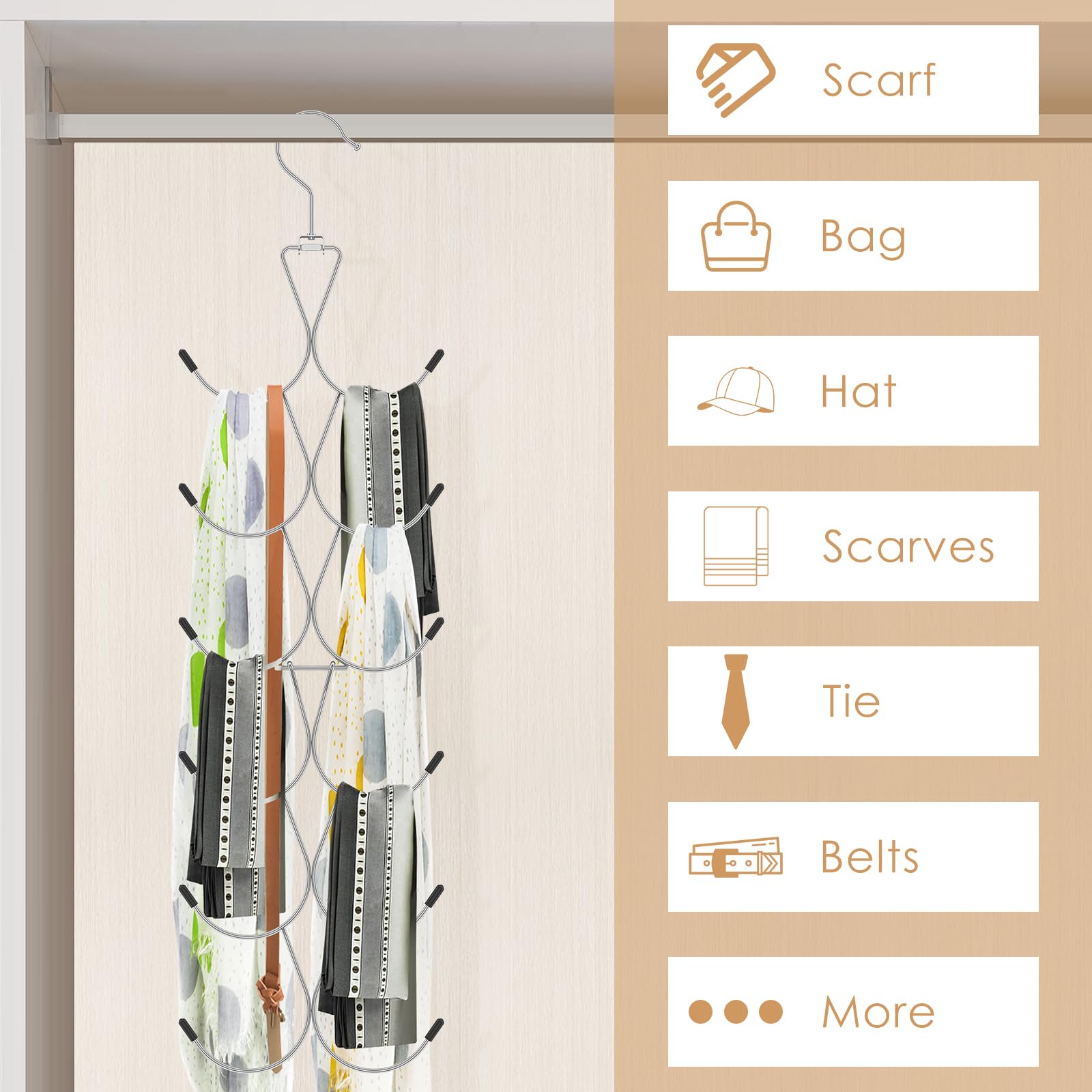 2Pcs Scarf Hanger with 12 Hooks, Metal Scarf Storage Organizer, 360° Rotating Scarves Rack Space Savers