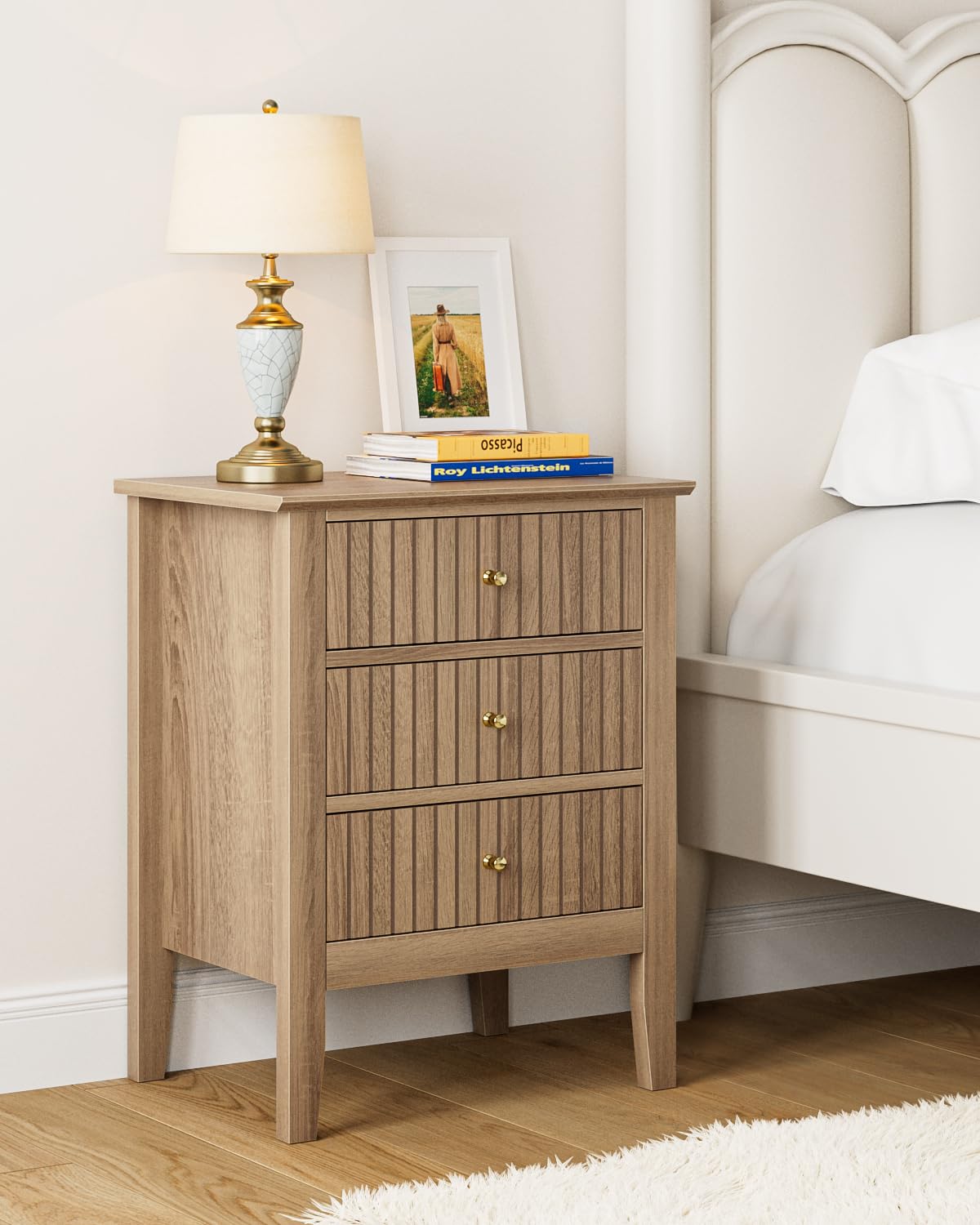 HEYZOEY Oak Finish Bedside Table, 3 Fluted Drawers, Country17.8×13.3×24 in