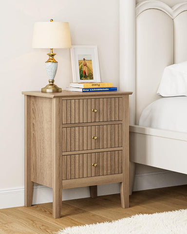 HEYZOEY Oak Finish Bedside Table, 3 Fluted Drawers, Country17.8×13.3×24 in