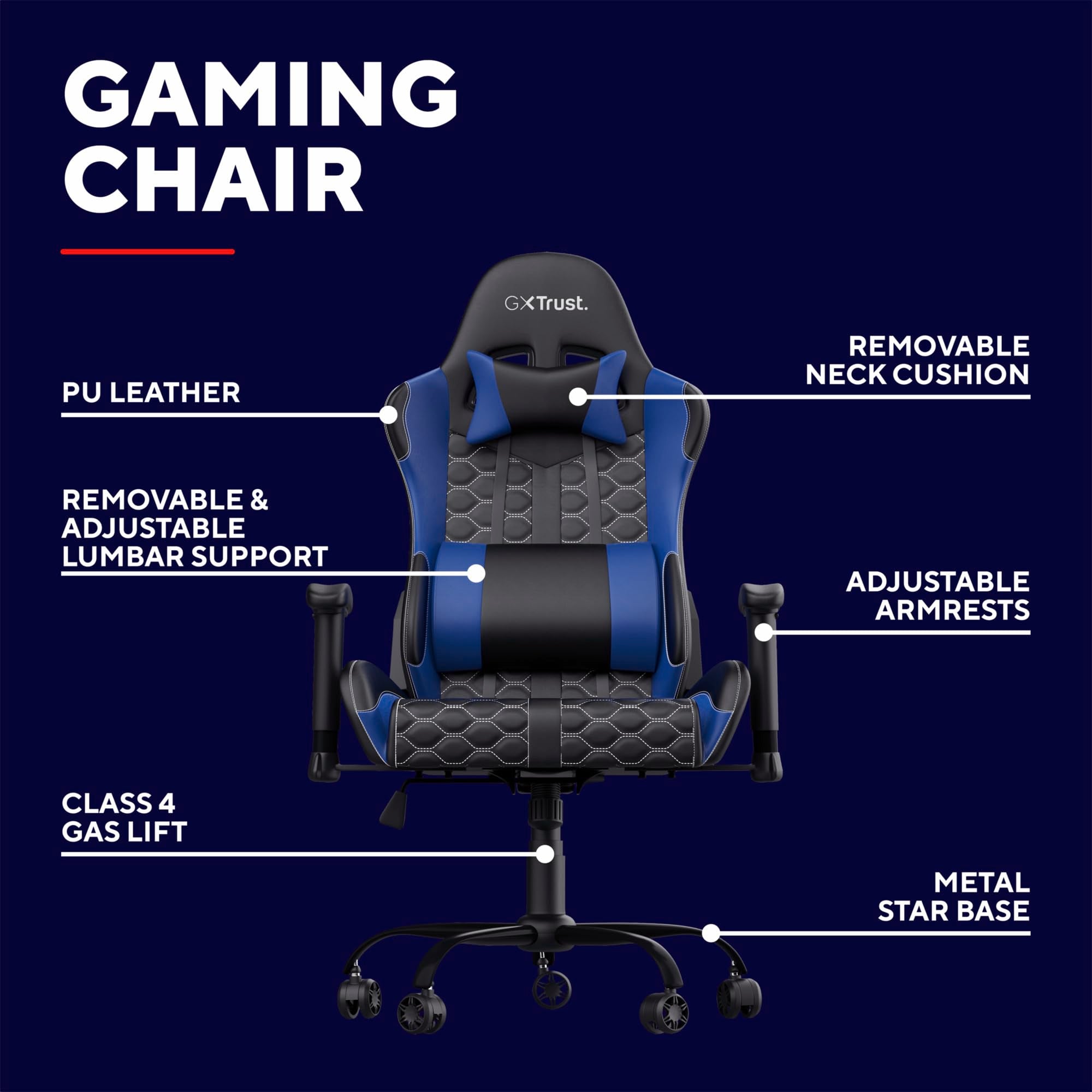 Trust Gaming GXT 708B Resto Gaming Chair, PC Desk Chair, Full 360° Rotatable Seating, Strong and Robust Metal Base Frame, Chair for Computer