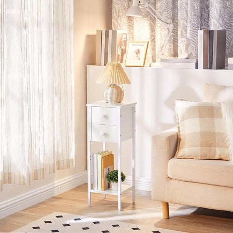 HOOBRO Narrow Bedside Table Set of 2, Slim Bedside Table, Telephone Table with 2 Drawers, Tall Side Table with Metal Frame