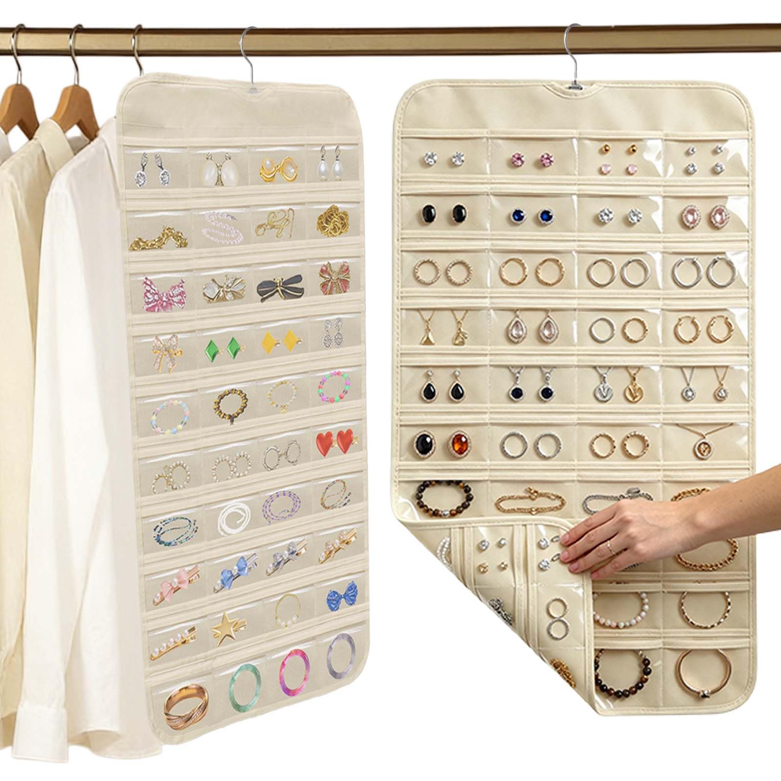 Ziyuhao Hanging Jewellery Organiser, Dual-Sided jewelry Storage Beige, 1Pcs