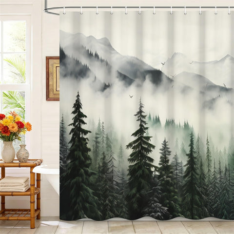 Kzzfqxb 90x183cm Foggy Shower Curtains with Hooks, White Mist Mountains Pine Trees Forest Woodland Landscape Scenery Occluded Waterproof for Bath