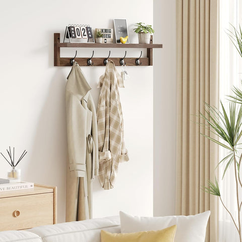 AMBIRD Wall Hooks with Shelf - 73.5cm Length Entryway Wall-Mounted Wooden Coat Hooks with Integrated Shelf