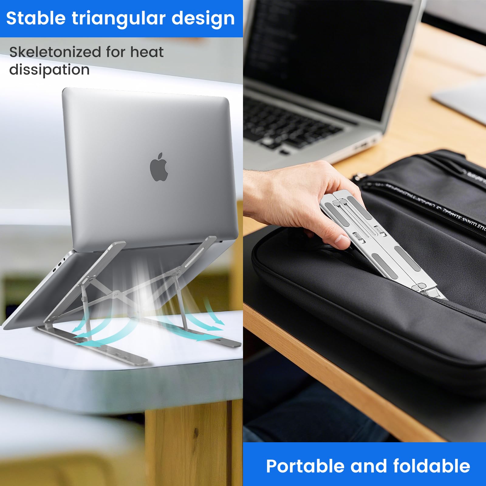 GrandMil Adjustable Laptop Stand for Desk – Foldable & Portable ABS+Silicone Riser, Ventilated Cooling Holder for 10-17.3” Laptops & Tablets (Black)