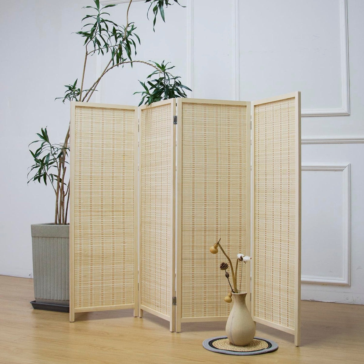 Furnnylane 4 Panel Bamboo Room Divider Short Folding Screen Divider,Double Sided Bamboo Divider Screen for Room Separation,Beige,120 cm H x 156 cm W