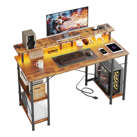MUTUN Gaming Desk with LED Lights & Power Outlets, 120×50cm Computer Desk with Storage Shelves & Dual Monitor Stand