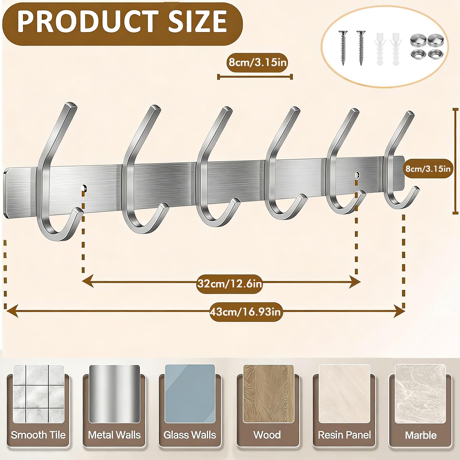 JOLY FANG Coat Hooks Wall Mounted - 2 Packs Wall Coat Rack Stainless Steel with 6 Hooks, Modern Wall Coat Hanger for Bedroom, Kitchen & Entryway