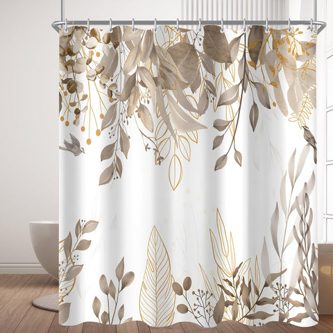 Lerores Shower Curtain, 240 x 200 cm, Grey Autumn Leaves, Weighted Hem, Anti-Mould, Water-Repellent