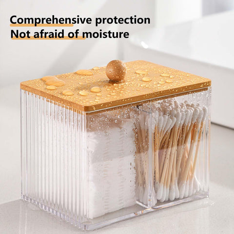 SVOCK Clear Acrylic Cotton Wool Holder 3 Compartment Cotton Bud Holder with Wood Lid, Qtips Holder Dispenser Bathroom Jars with Lid