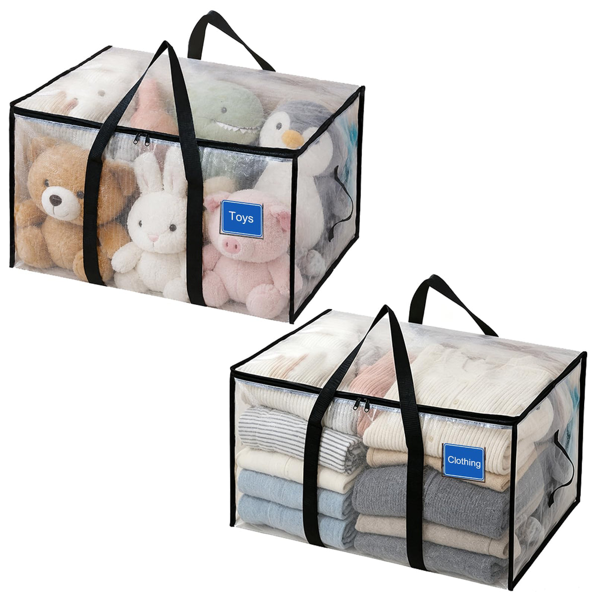 2 Pack Clothes Storage Bags with Zips, 94L Heavy Duty Clear Moving Bags