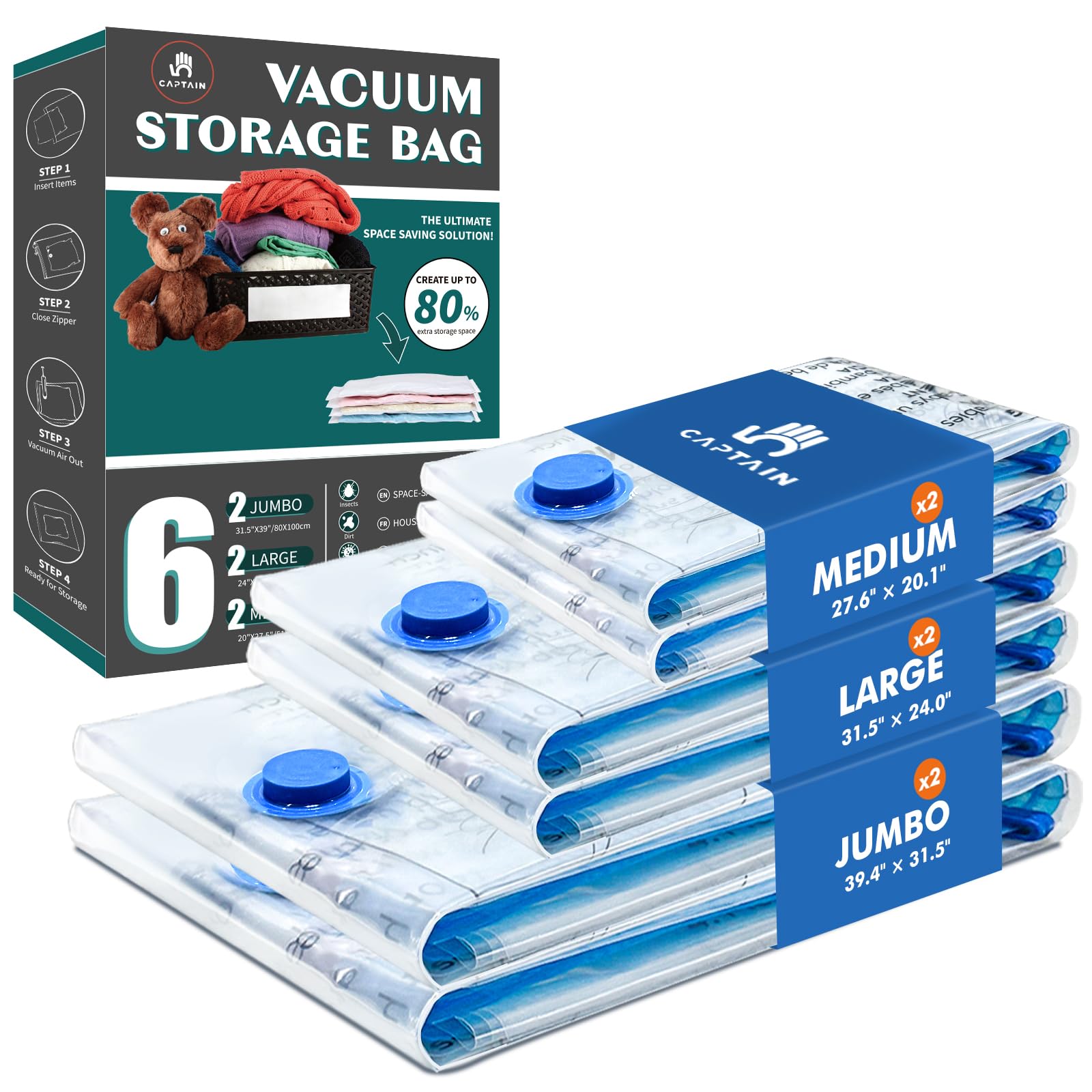 CaptainFive Vacuum Storage Bags 6-Pack (2 Jumbo + 2 Large + 2 Medium), Space Saver Sealer Vacuum Bags for Clothes, Pillows, Duvets, Bedding