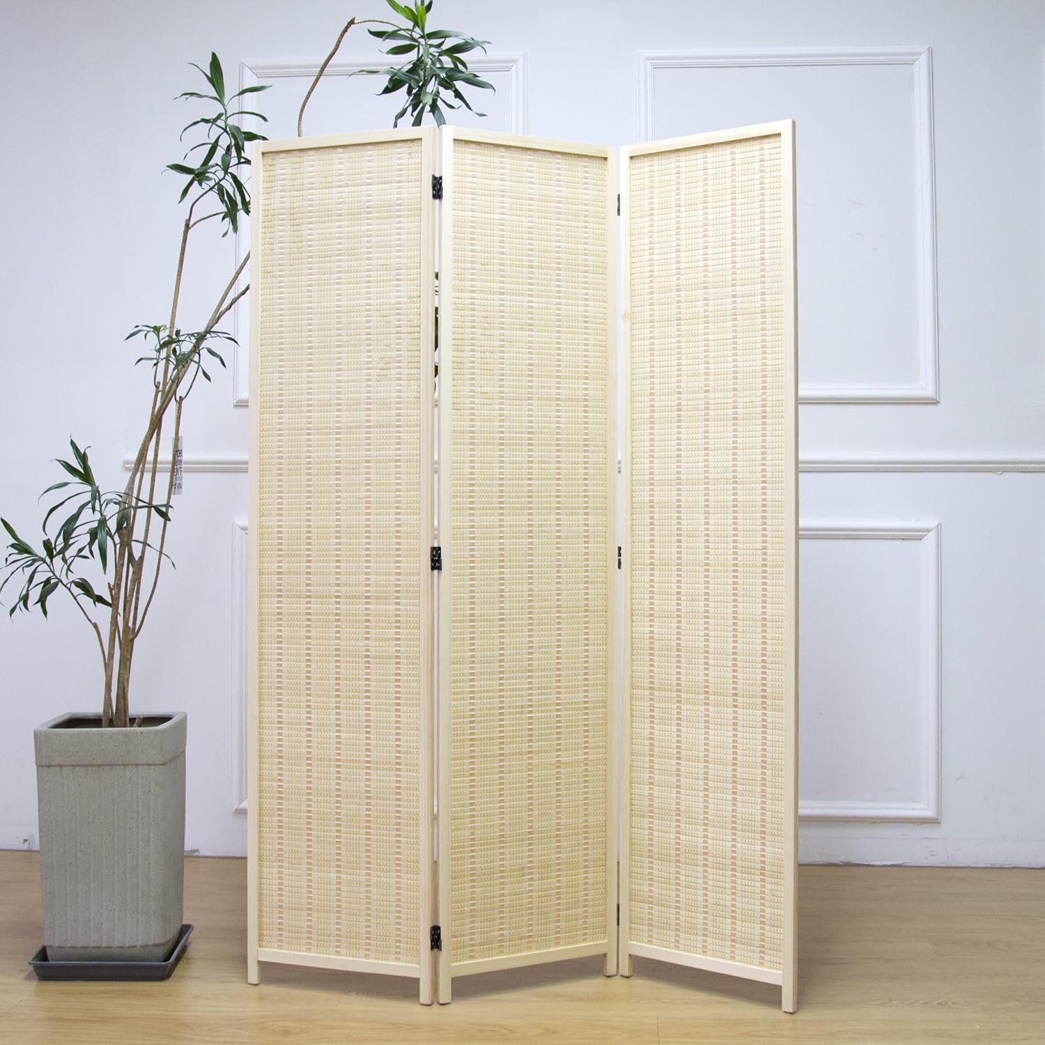 Furnnylane 3 Panel Bamboo Room Divider and Folding Panel Screen,Bamboo Panel Divider for Room Separation,Beige,170 cm H x 117 cm W