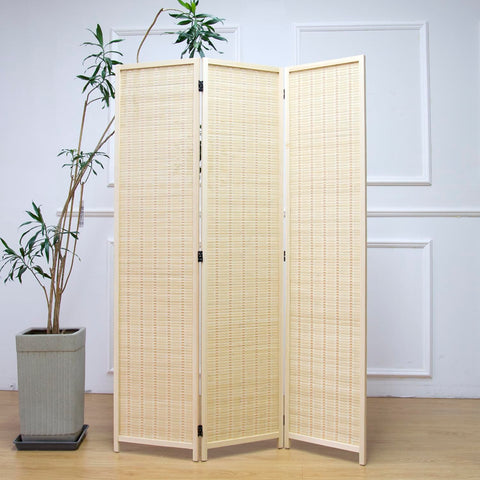 Furnnylane 3 Panel Bamboo Room Divider and Folding Panel Screen,Bamboo Panel Divider for Room Separation,Beige,170 cm H x 117 cm W