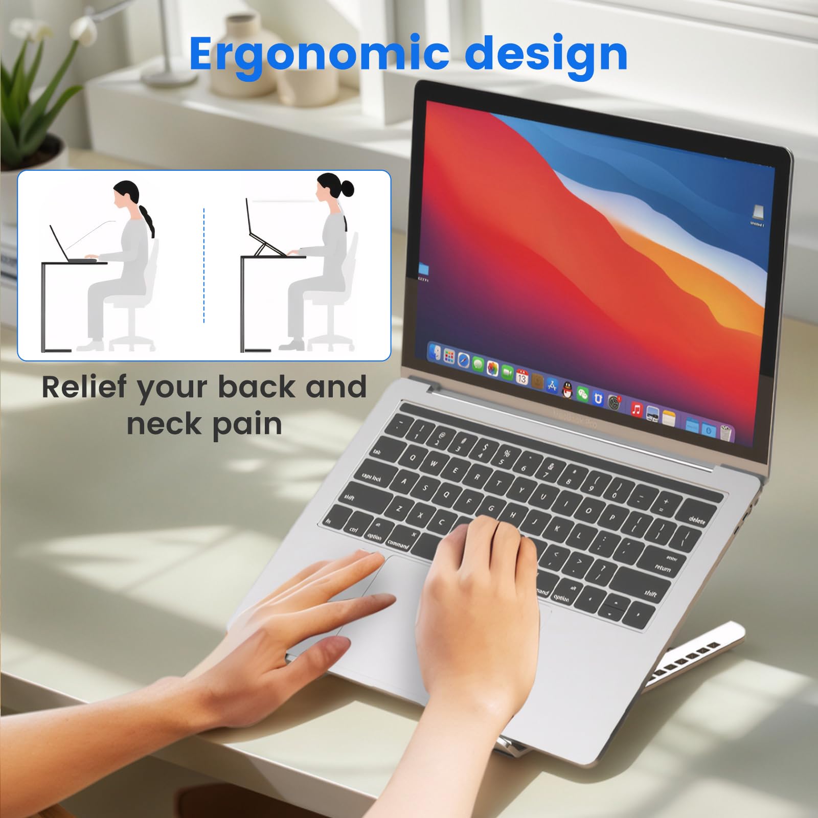 GrandMil Adjustable Laptop Stand for Desk – Foldable & Portable ABS+Silicone Riser, Ventilated Cooling Holder for 10-17.3” Laptops & Tablets (Black)