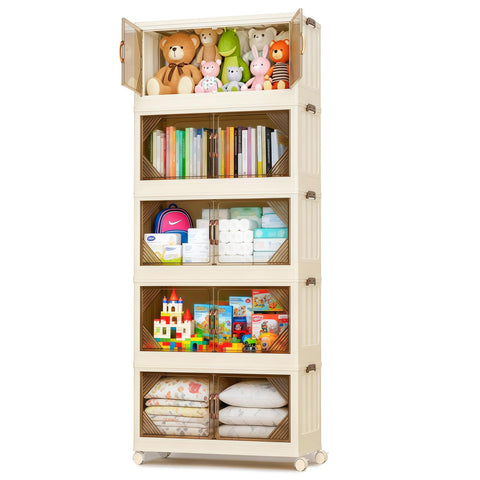 Nordswal 5 Tier Stackable Storage Boxes with Lids, Doors & Wheels, Foldable Collapsible Plastic Storage Organiser, Large Lidded Storage Bins for Home