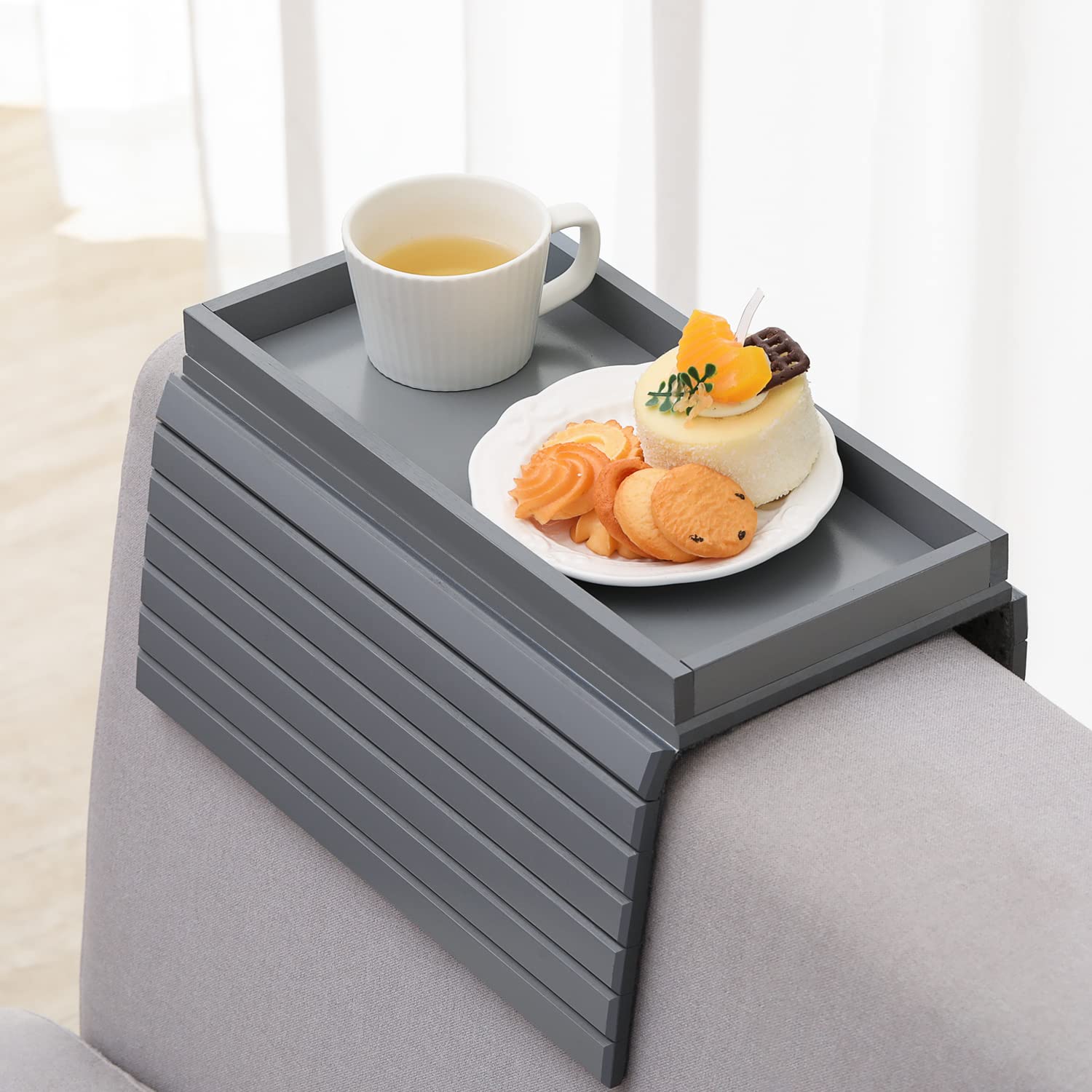 GEHE Bamboo Sofa Arm Tray, Foldable Couch Arm Tray Side Table, Anti-Falling Armrest Tables Cup Holder for Snacks, Drinks, Beers, Phone, Control
