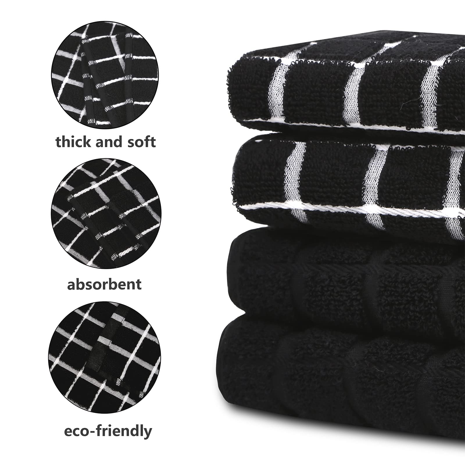 samsto Kitchen Towels Cotton Black - Tea Towels Absorbent - Thick Dish Hand Towels for Kitchen with Hanging Loops, 45x65cm, 4 Pack