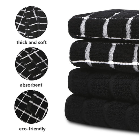 samsto Kitchen Towels Cotton Black - Tea Towels Absorbent - Thick Dish Hand Towels for Kitchen with Hanging Loops, 45x65cm, 4 Pack