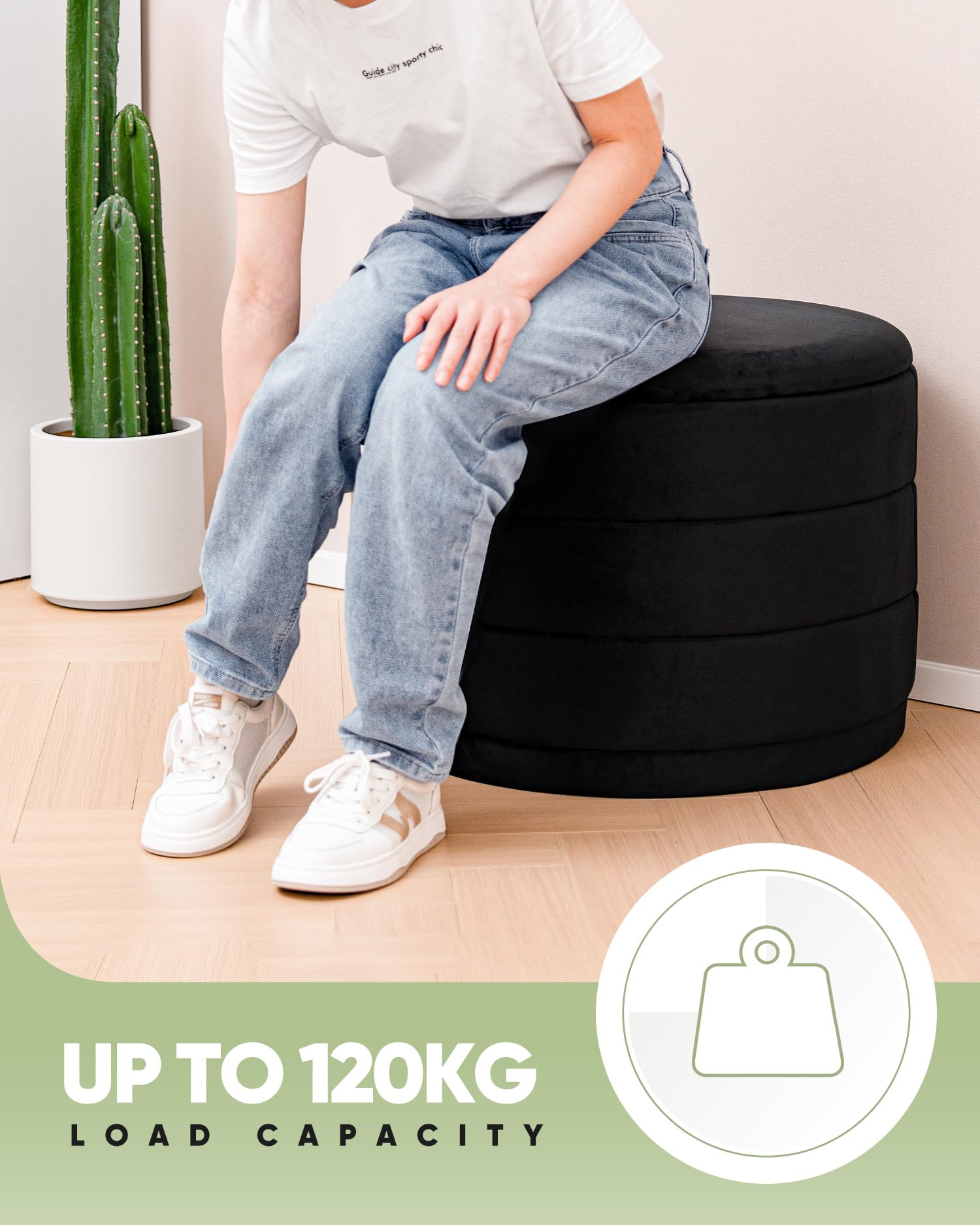 Bonlife Large Storage Ottoman Round - Folding Foot Rest with Hidden Storage, Black Velvet 58x58x44cm for Living Room, Bedroom & Hallway