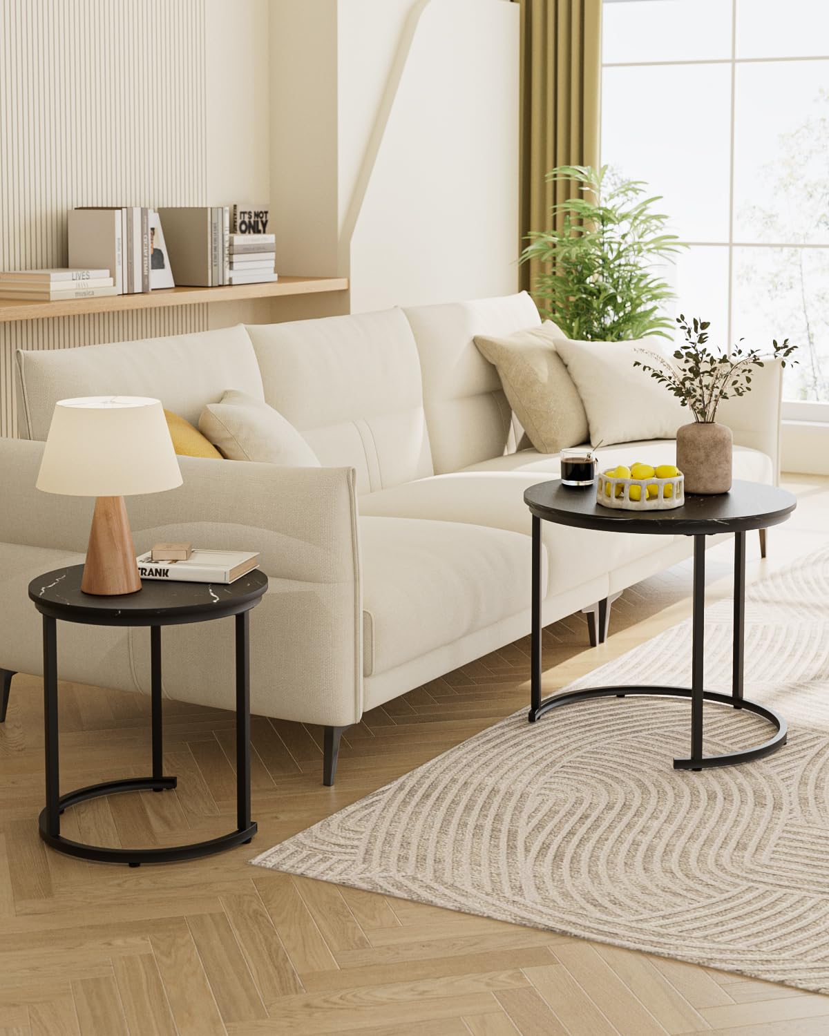 HEYZOEY Round Coffee Tables, Removable Set of 2 End Table, Nesting Table, Side Table with Black Metal Frame Legs and Marble Black Top for Living Room