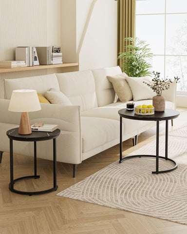 HEYZOEY Round Coffee Tables, Removable Set of 2 End Table, Nesting Table, Side Table with Black Metal Frame Legs and Marble Black Top for Living Room