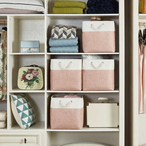 Mangata Fabric Storage Boxes, 25x25x25cm Cube Storage Boxes for Organizing Clothes Shelf Nursery Home Closet(Pink/White, Set of 4)