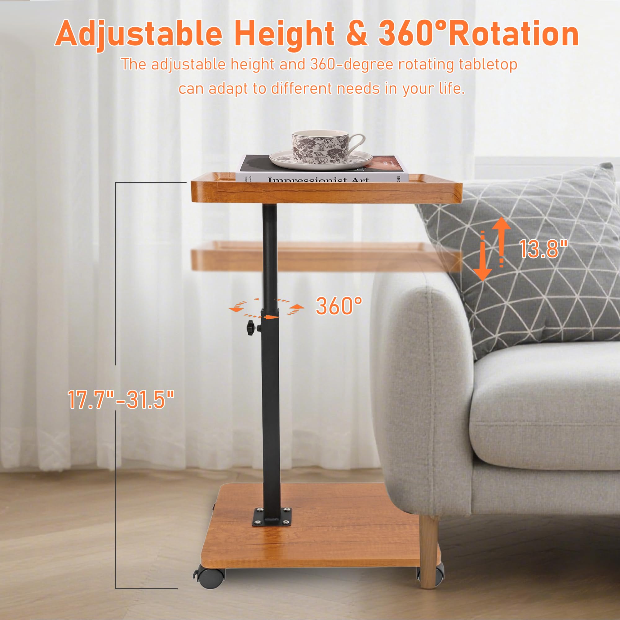 YYW C Shaped Side Table, Height Adjustable Bedside Table with Wheels, 360°Swivel Sofa End Tables, Wooden Coffee End Table for Living Room Bedroom