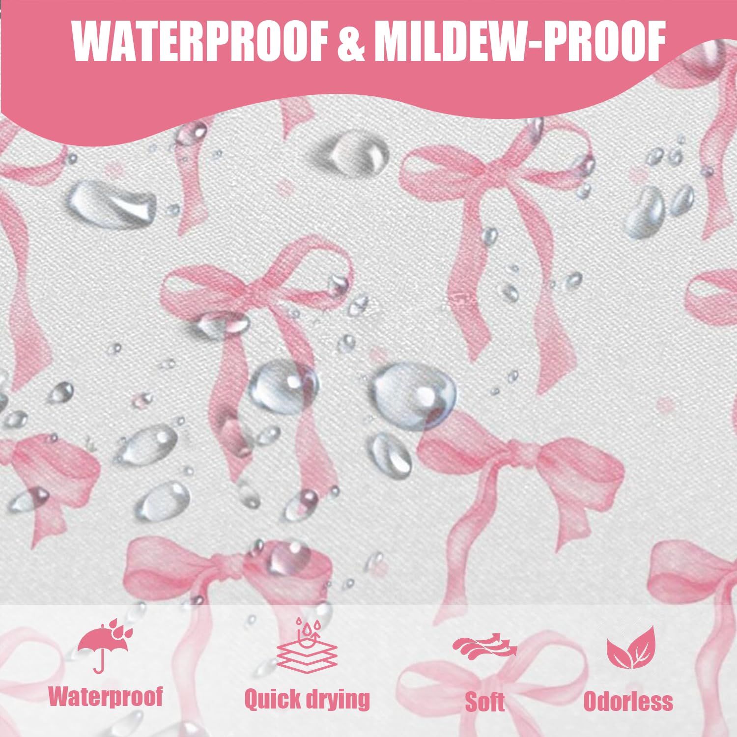 Onperpoe Cute Pink Bow Shower Curtain, 180 x 180cm, Waterproof & Mildew-Proof, 12 Hooks, Preppy Princess Style