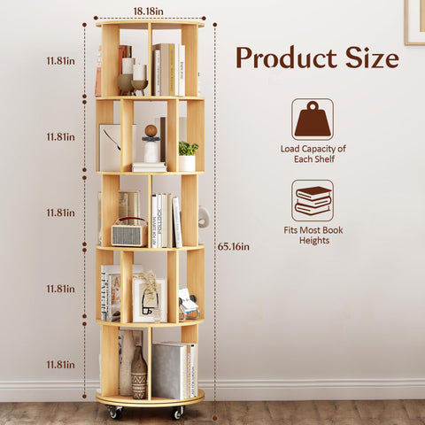 Turosur 5-Tier Rotating Bookshelf, 360° Rotating Bookcase Floor Standing