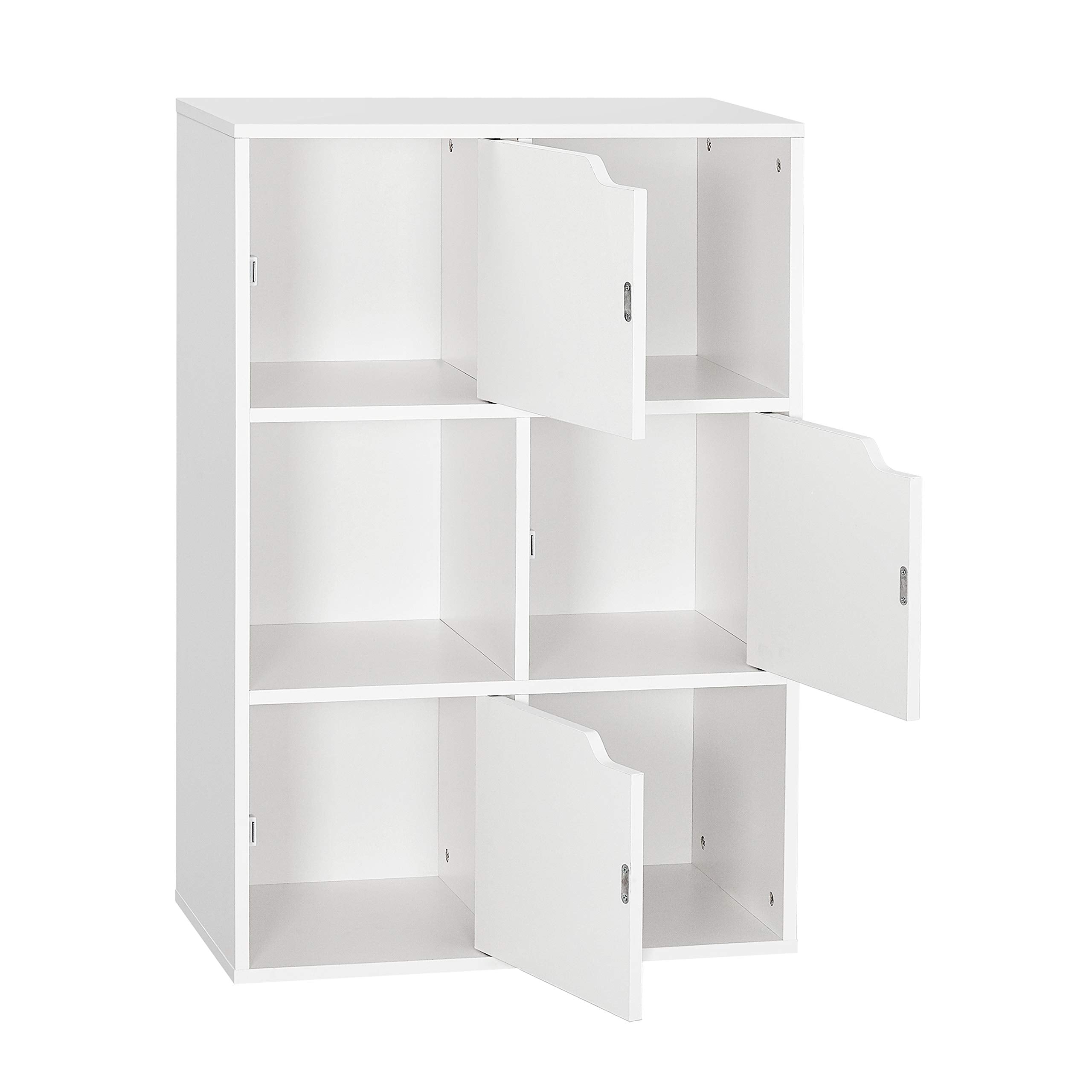 Mondeer Bookcase White, 6 Cube Storage Unit, 3-Tier Bookshelf with Doors, Wooden Shelf Organiser Display Cabinet for Living Room, Bedroom