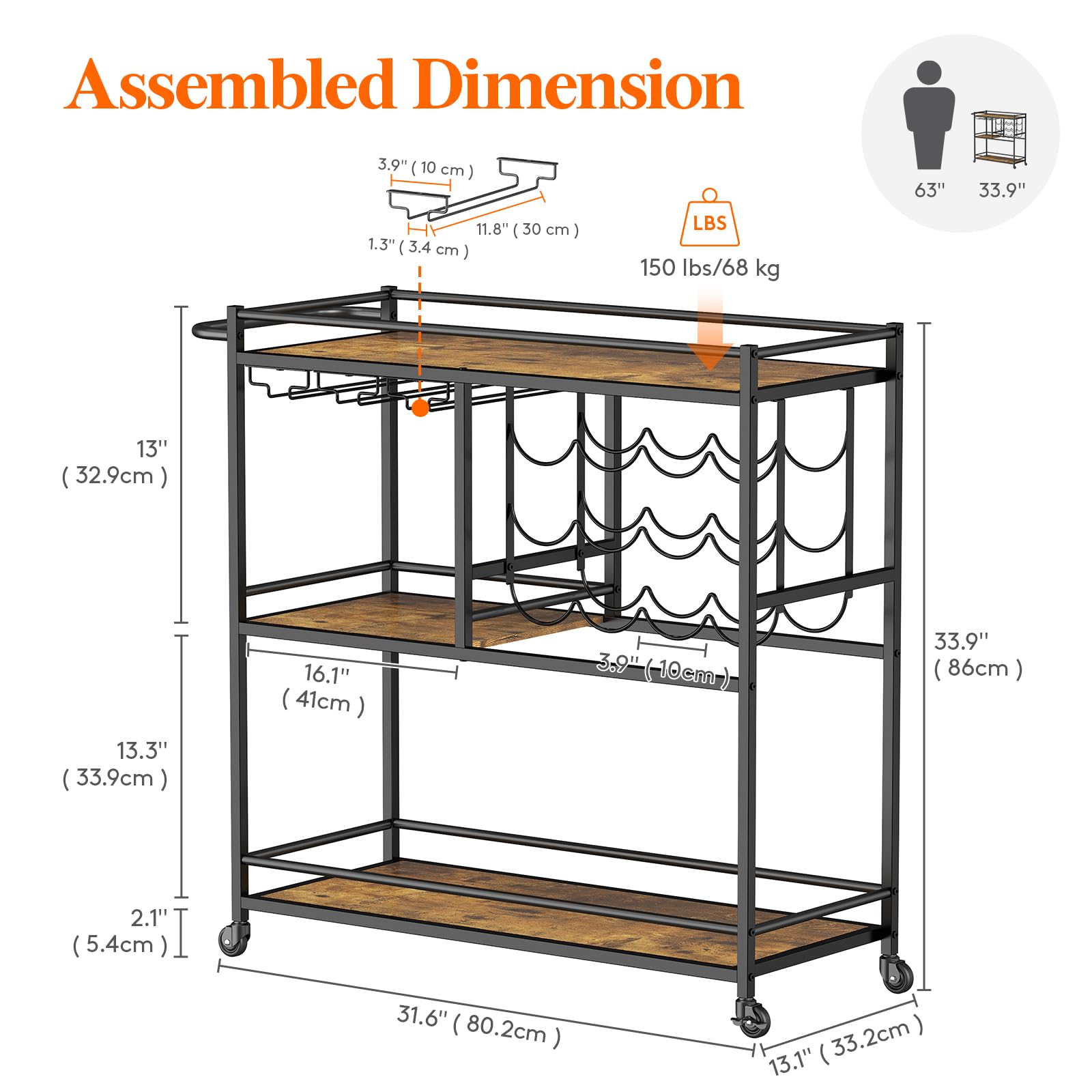 Lifewit 3 Tier Drinks Trolley with Lockable Wheels,Rustic Brown
