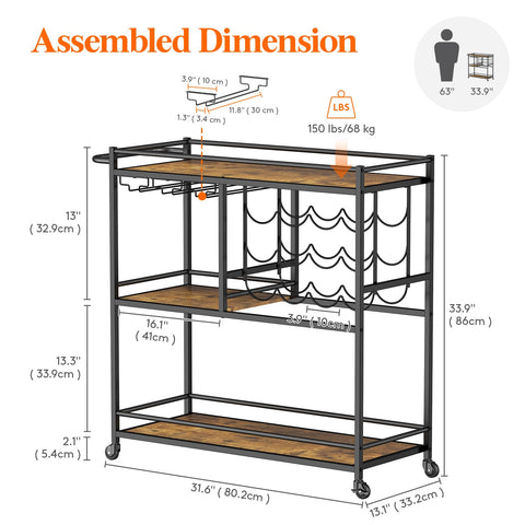 Lifewit 3 Tier Drinks Trolley with Lockable Wheels,Rustic Brown