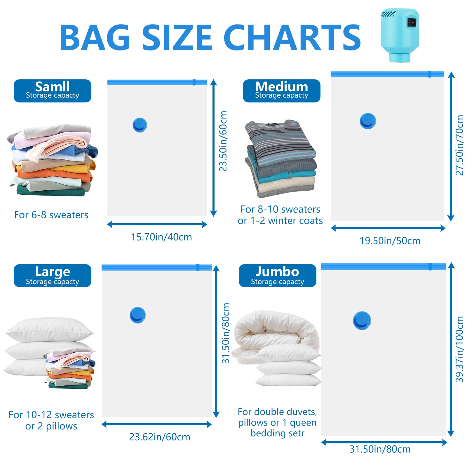 Vacuum Storage Bags 10Pcs with Electric Pump| 2XL+2L+2M+4S Space Saver Bags