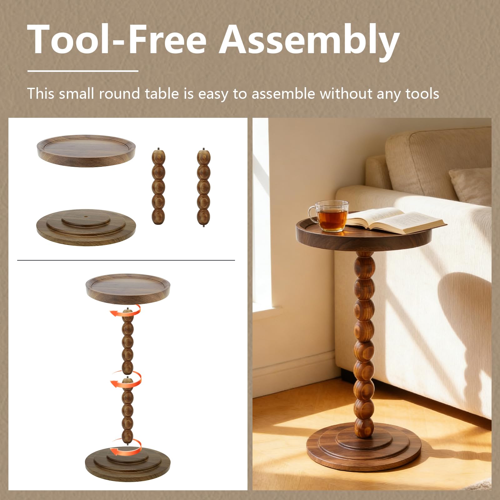 YYW Round Side Table, C Table End Tables for Sofa, Small Bedside Table (Walnut)