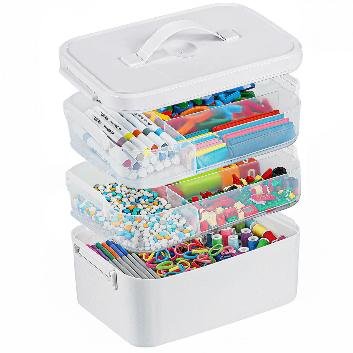 Gifhomfix 3-Layer Plastic Craft Organizers and Storage Box with Removable Trays, Storage Containers with lids and Handle