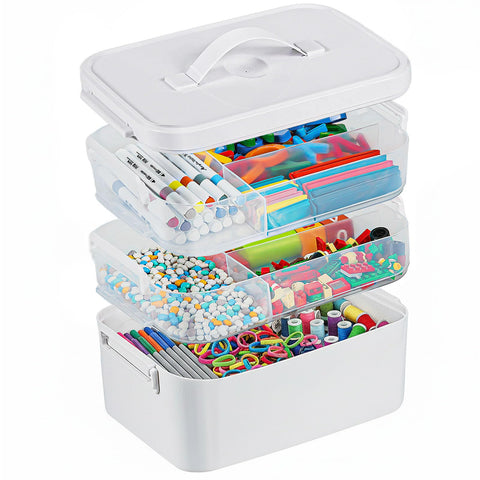Gifhomfix 3-Layer Plastic Craft Organizers and Storage Box with Removable Trays, Storage Containers with lids and Handle