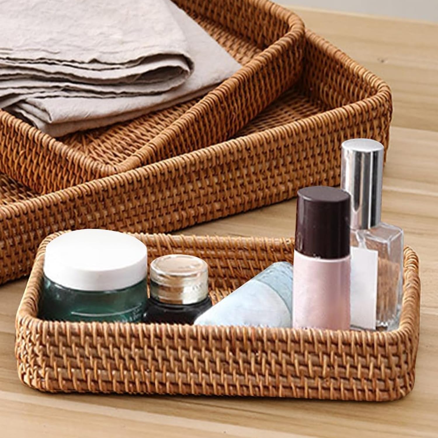 Shallow Rattan Wicker Tray for Keys, Perfume and Decor