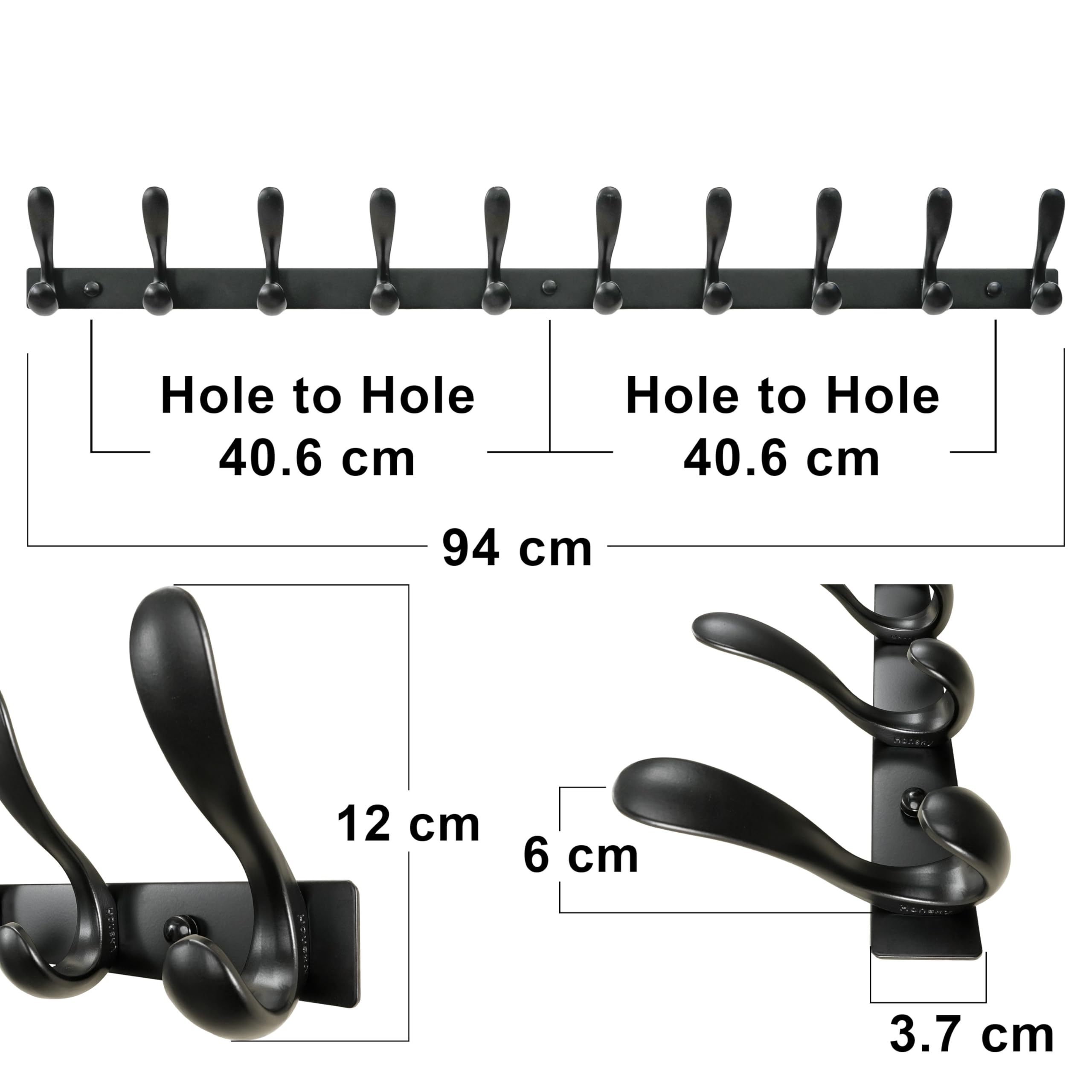 HONSKY Wall Mounted Coat Rack - 94cm Long Heavy Duty Metal 10 Double Hook, Sturdy & Space-Saving, for Hallway,Bedroom, Entryway, Holds Jackets