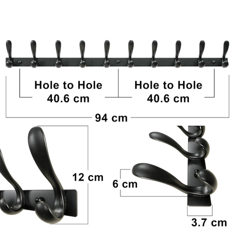 HONSKY Wall Mounted Coat Rack - 94cm Long Heavy Duty Metal 10 Double Hook, Sturdy & Space-Saving, for Hallway,Bedroom, Entryway, Holds Jackets