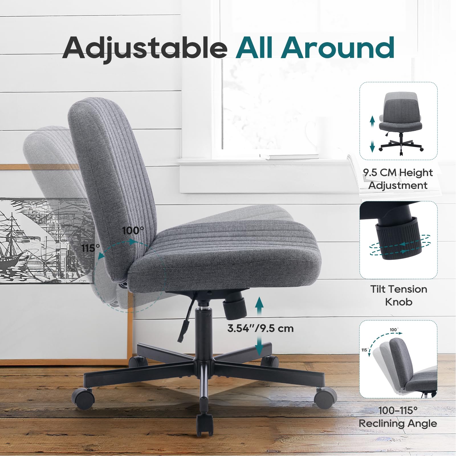 COLAMY Wide Office Chair, Padded Armless Task Vanity Chair Swivel Home Office Desk Chair 115°Rocking Mid Back Ergonomic Computer Chair for Home