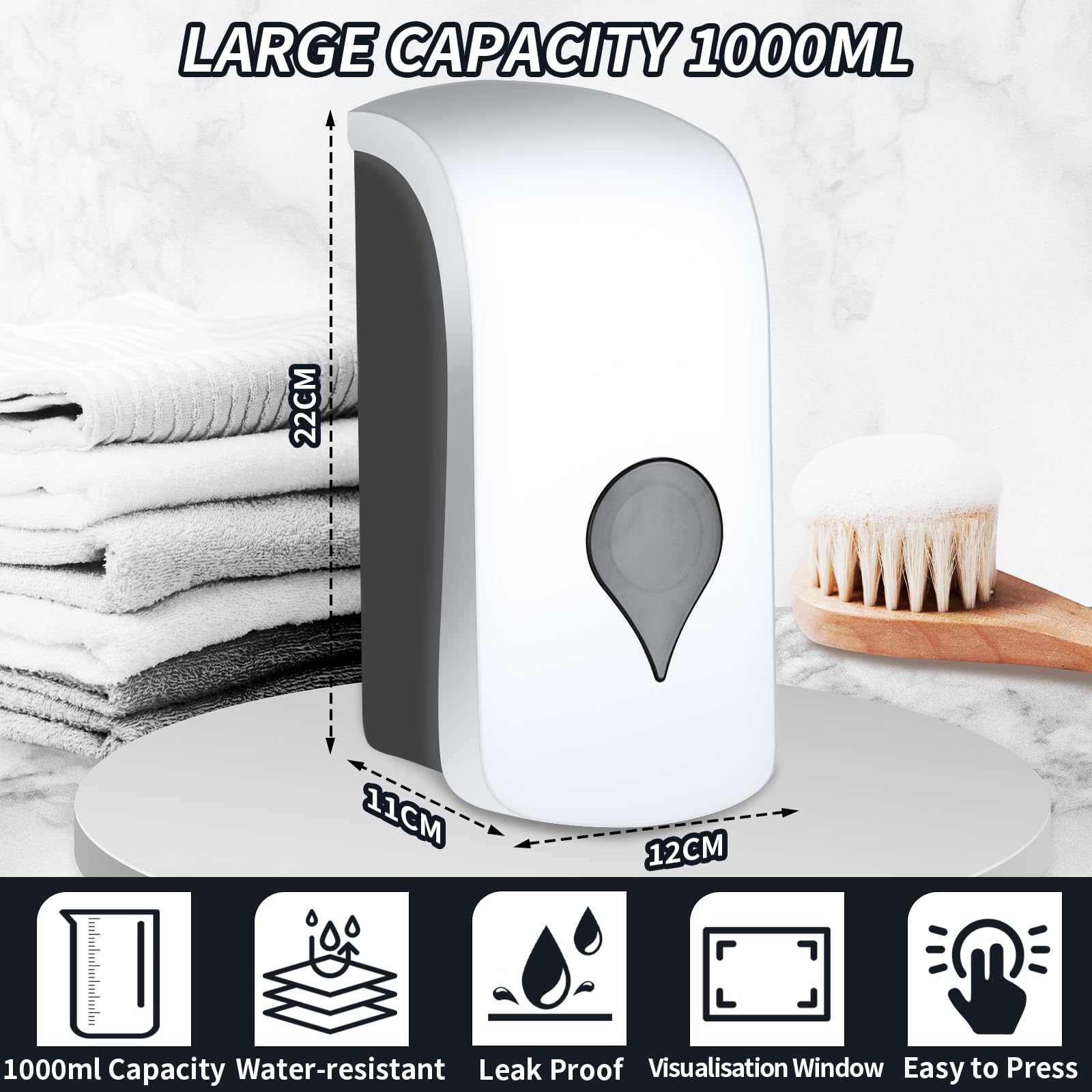 1000ML Soap Dispenser, Wall Mounted Liquid Soap Dispenser, Manual Gel Liquid Shampoo Detergent Container for Bathroom Kitchen Hotel School Office USE