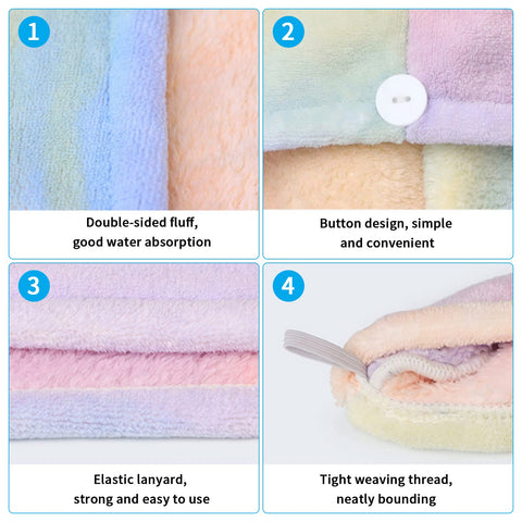 QKTYB 2 Pack Microfiber Hair Towel Wrap Rainbow Quick Dry Super Absorbent Twist Turban Drying Hair Caps with Button Dry Hair Hat for Women Girl,65 x