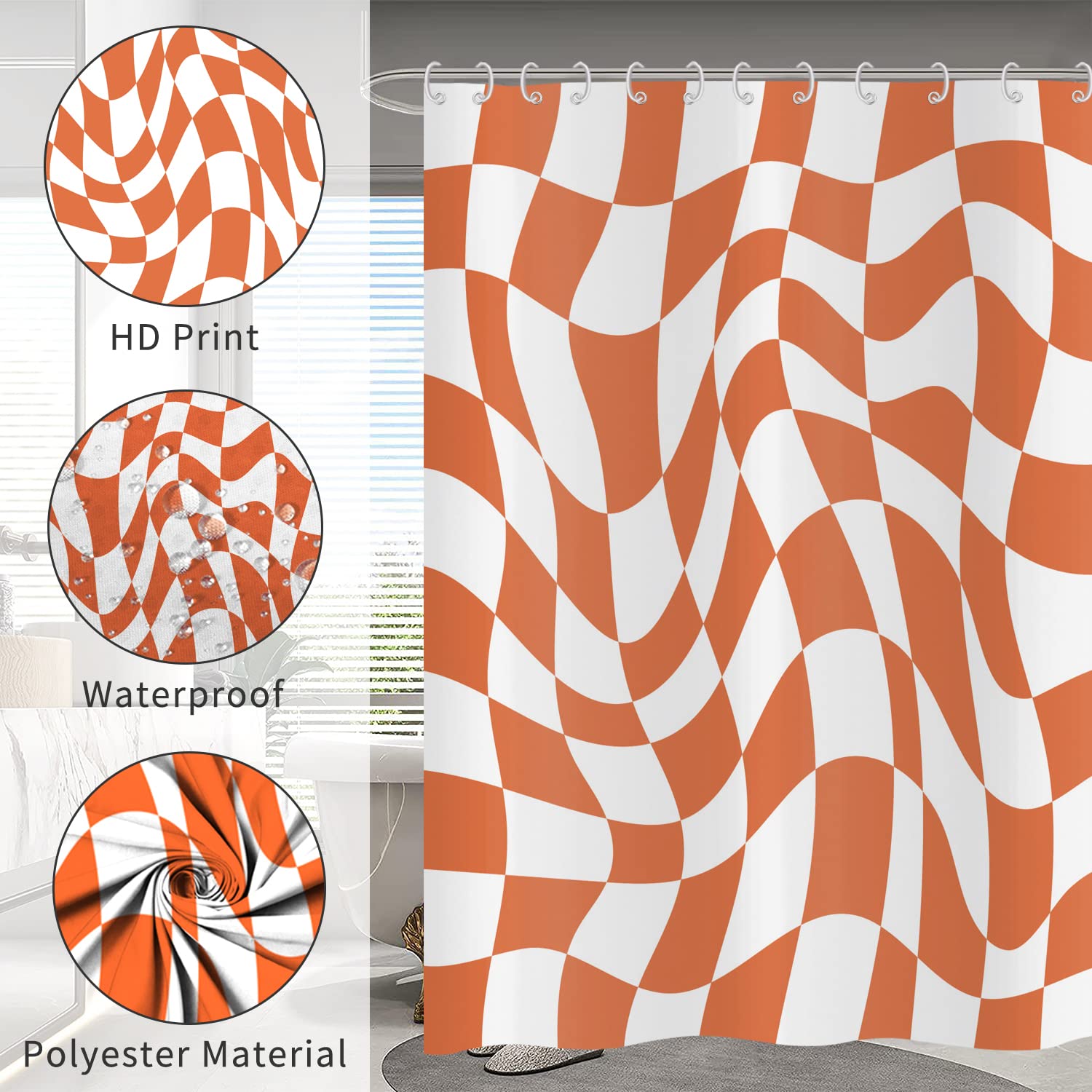Hnmdmyi Orange Groovy Checkerboard Shower Curtain 180x180, 70s Retro Modern Abstract Psychedelic Groovy Wavy Aesthetic Hippie Funky Waterproof