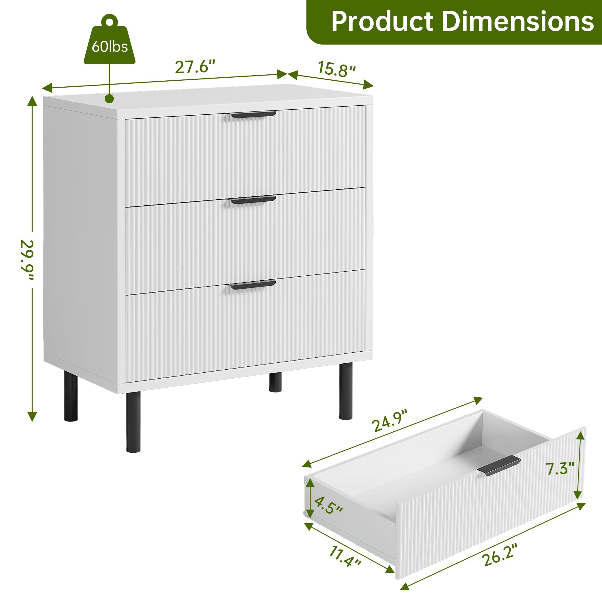Crevyteg White Fluted 3 Drawers Dresser, Wide Wood Chest of Drawers, Modern Storage Dresser Chest of Drawers Organizer with Metal Legs and