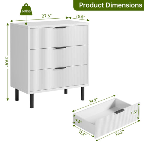 Crevyteg White Fluted 3 Drawers Dresser, Wide Wood Chest of Drawers, Modern Storage Dresser Chest of Drawers Organizer with Metal Legs and