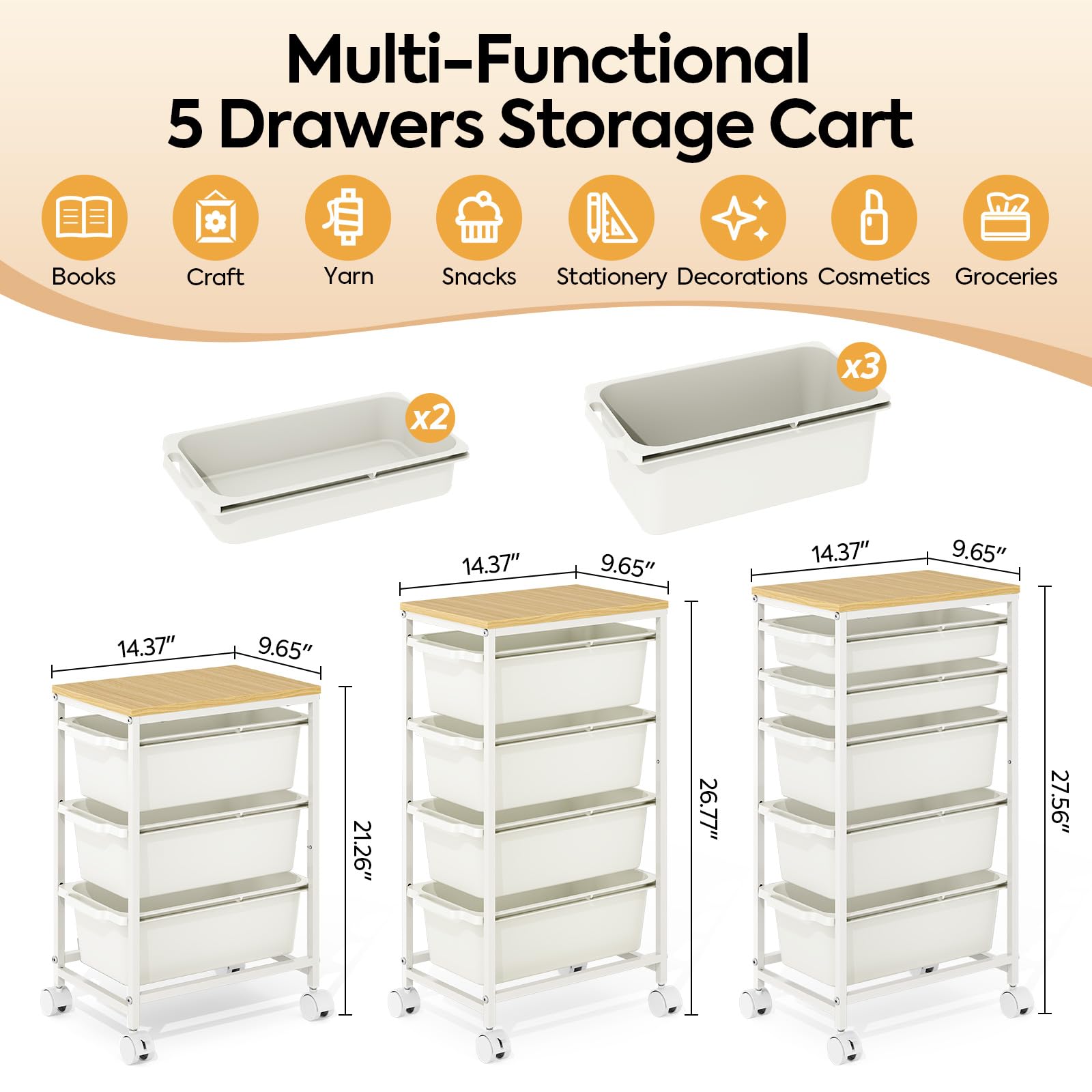 KINGBOARD 5 Drawers Storage Trolley on Wheels, White
