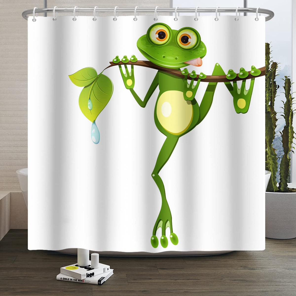 SDOTPMT 180x180cm Cute Cartoon Frog Shower Curtain Little Frog on Tree Branch Green Leaves Bath Curtain Summer Animal White Bathtub Curtain for Kids