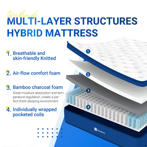Avenco Super King Mattress, 7 Inch Bamboo Fibers Foam Spring Hybrid Mattress, Medium Firm, Breathable, CertiPUR-US Certified, 180x200x18cm